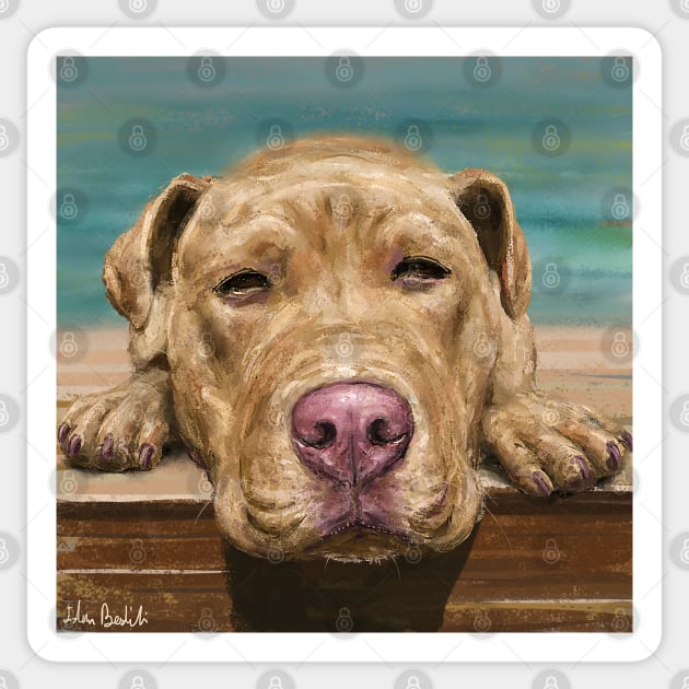 A Painting of a Red Nose Pit Bull Taking a Nap and Sunbath Sticker by ibadishi